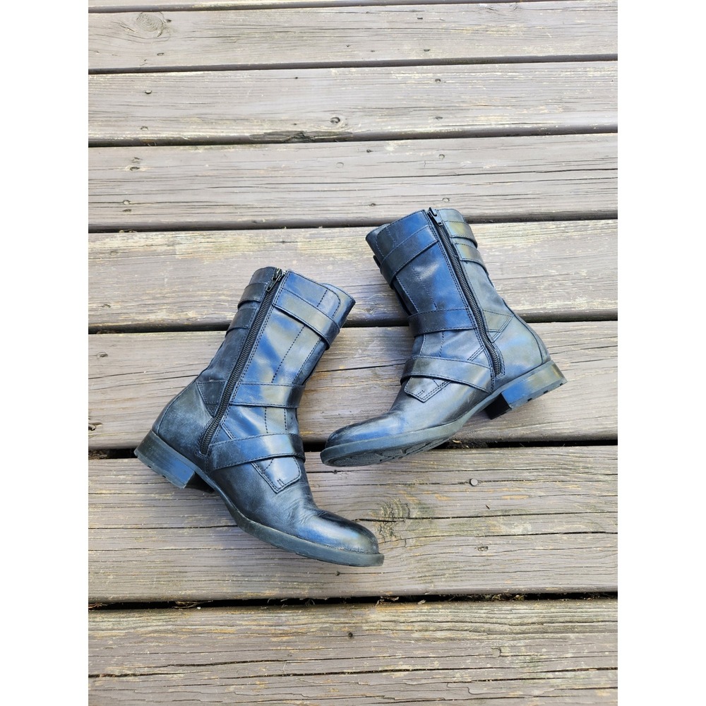 Born Alamid Moto Boots Navy Blue Leather Multi Strap Buckle Mid Calf Size 7.5M - Picture 3 of 8